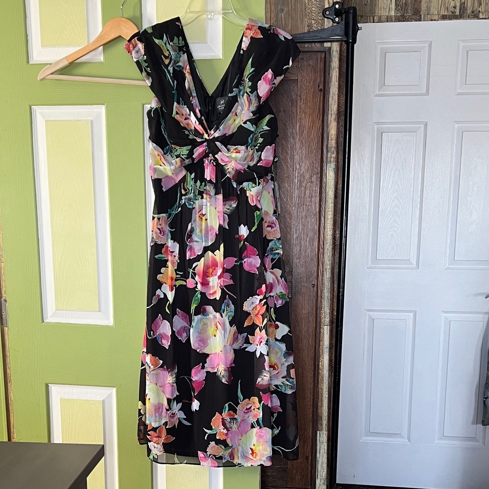 Adrianna Papell Black Midi Dress with Pink, Yellow & Green Floral Print
